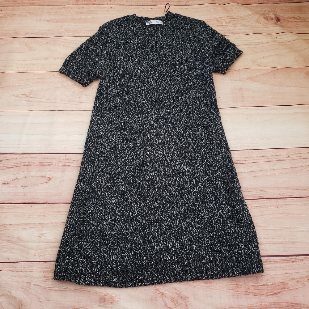 Zara Sweater Dress Womens Medium Black White Marled Knit Short‎ Sleeve Shift